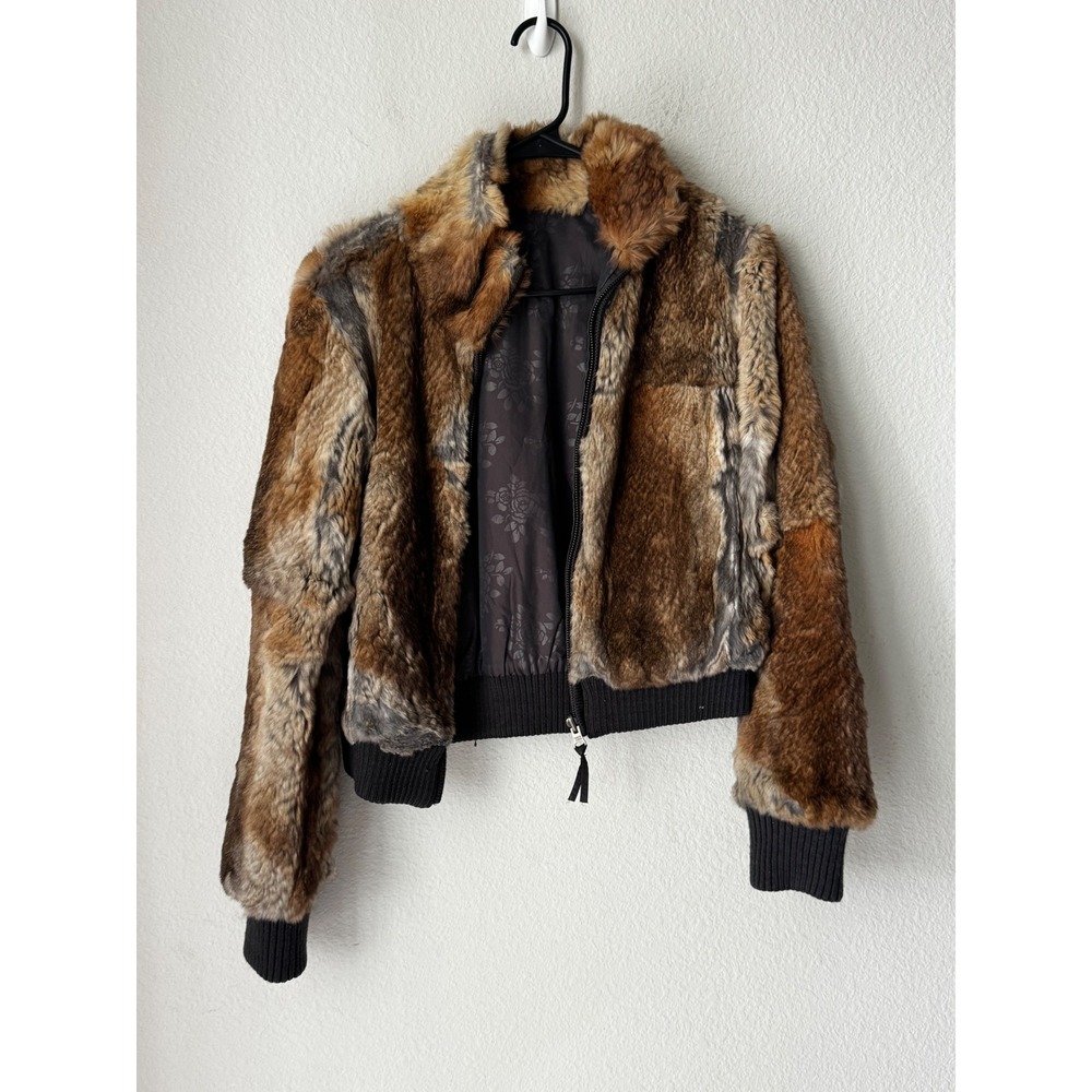 June Genuine Rabbit Fur Patchwork Bomber Jacket Small Brown Grey Zip Cropped